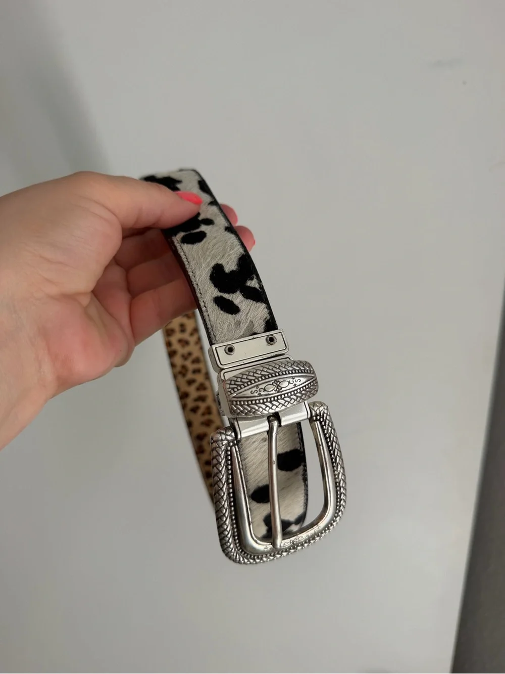 Leopard Print Reversible Women's Belt with Silver Buckle